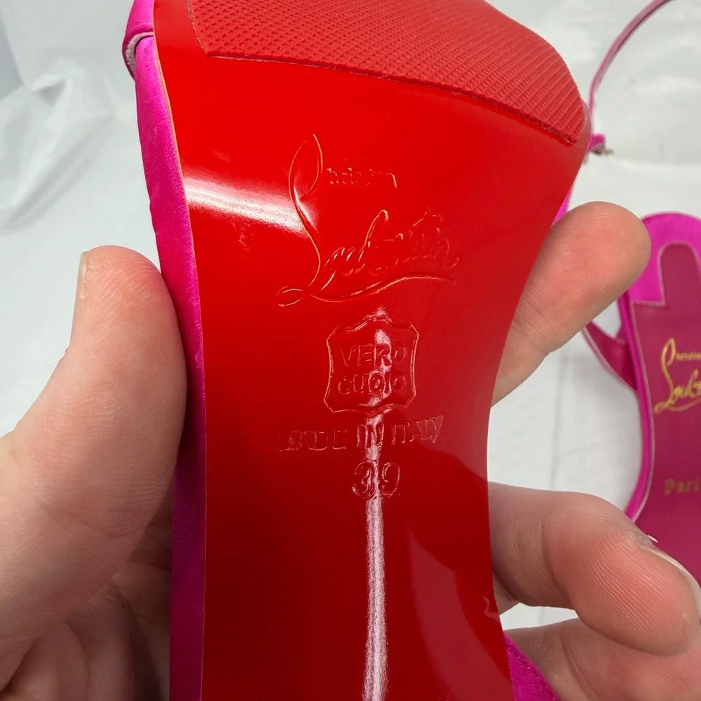 Faux Christian Louboutin Fuchsia Pink Satin Ankle Strap Red Bottom Heels 39